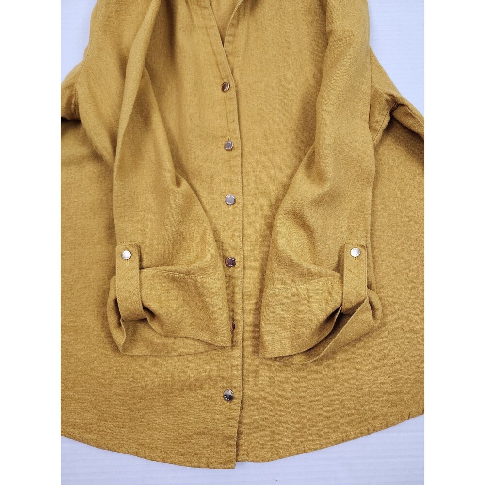 Anne Klein Linen blend yellow mustard button-up blouse roll-tab sleeves size M - Picture 6 of 9